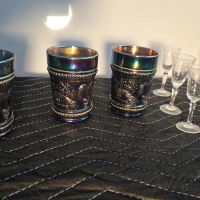 Carnival Glass And 1oz Liquor Glasses