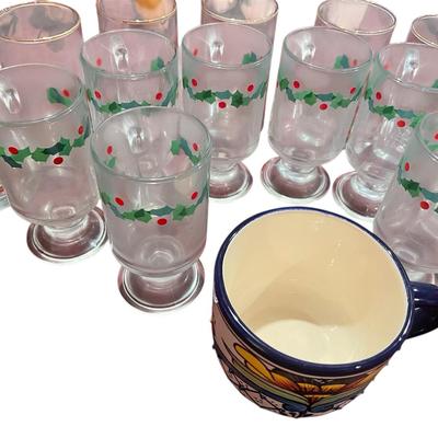 Vintage Christmas Glasses And Painted Art Mug