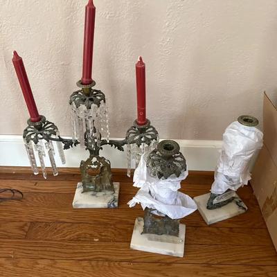 Antique Bronze Church Altar Candelabra Lamp Marble Stand Crystal Prism Drops