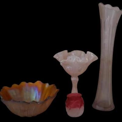 Vintage Glass Lot Fenton Iridescent Candy Dish, Carnival Glass Bowl, Cranberry Mini Vase, Tall Vase