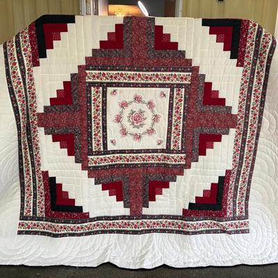 Handmade Queen Size Rose Embroidered Log Cabin Quilt
