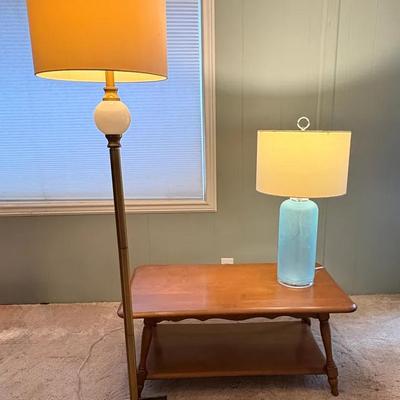 MCM Solid Maple Vintage Coffee Table With Blue Glass Lamp And Floor Lamp