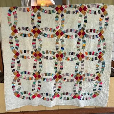 Vintage Hand Quilted Double Wedding Ring Quilt For Repair