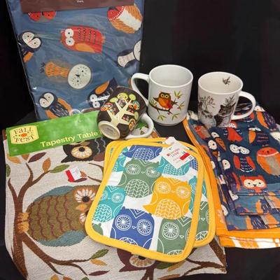 Owl Decor Featuring Mug, Pot Holder, And Table Linens