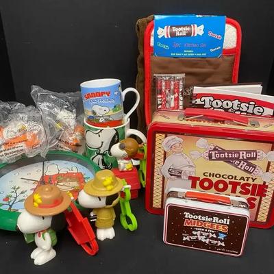 Tootsie Roll & Snoopy Vintage Collectibles Featuring Clock and Tin Lunchbox