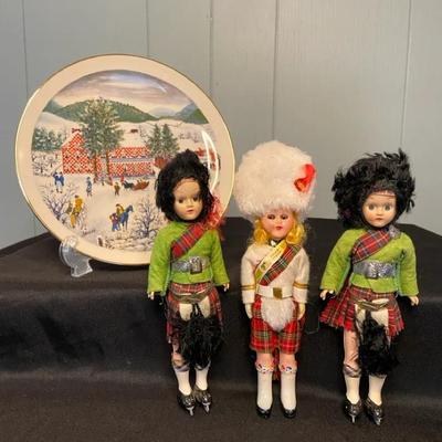 1950's -1960's Scottish Souvenir Dolls And Grandma Moses Christmas Plate  