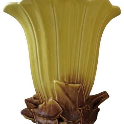 Vintage McCoy Pottery Fan Vase – Yellow & Brown Ceramic – 14.5” Tall – Mid Century Decor