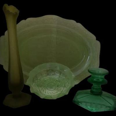 Vintage Depression Glass Lot Oval Tray Candy Dish Rosebud Vase & Candleholder Green & Frosted Glass