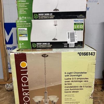 New In Box LED Table Lamps And 5 Light Chandelier With Downlight