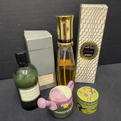 Vintage Guerlain Shalimar Perfume, Grey Flannel After Shave & Small Jars