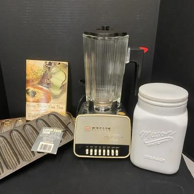 Vintage Waring Blendor & Cookbook, Mason Cookie Jar & Cast Iron Corn Cookers