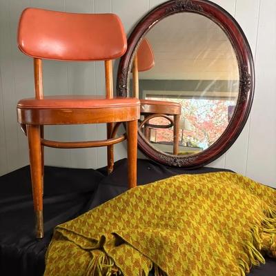 Antique Hart Mirror With MCM Orange Chair And Wool Houndstooth Throw