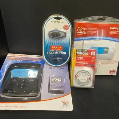 Weather Alert Radio, Honeywell Thermostat, Sport line Pedometer & Plug Timer