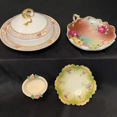Antique Dishes From Germany And Japan With Italian Porcelain Basket 