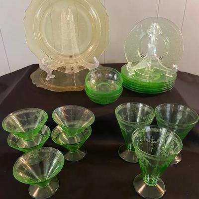 Green And Amber Yellow Depression Glass Goblets, Plates, And Bowls