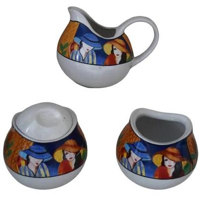 Sango Café Paris Creamer & Sugar Set – Colorful Art Deco Style – 3-Piece Ceramic Collection