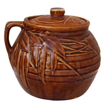 Vintage McCoy Pottery Bean Pot – “Pea Pod and Vine” Design, Amber Brown Glaze (1940s–1960s)