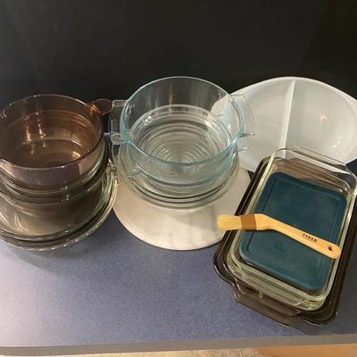 Pyrex & Anchor Hocking Baking Dishes, Stacking Bowls With Marble Plate