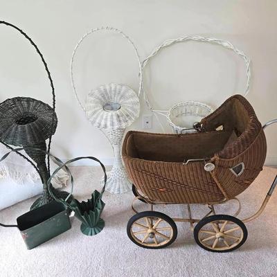 Antique Stroller, Vintage Wicker & Metal Flower Vases
