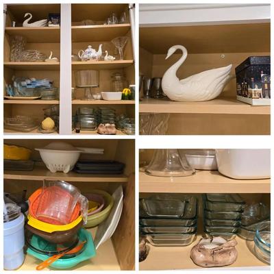 Kitchen Cabinets Lot: Dshes, Glassware, Tupperware 