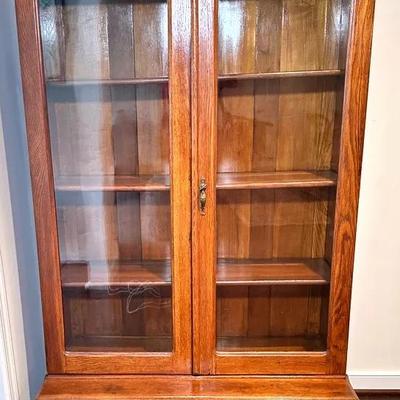 Antique Golden Oak Glass Door Bookcase/display Cabinet