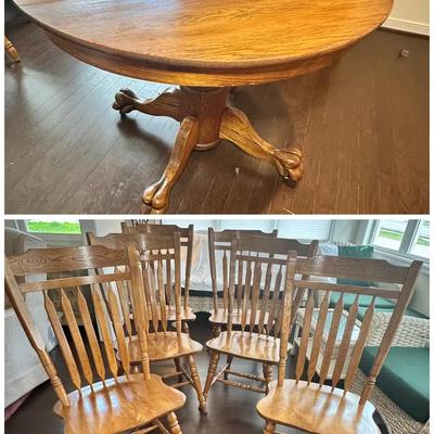 Antique Oak Claw Foot Dining Table & 6 Matching Chairs