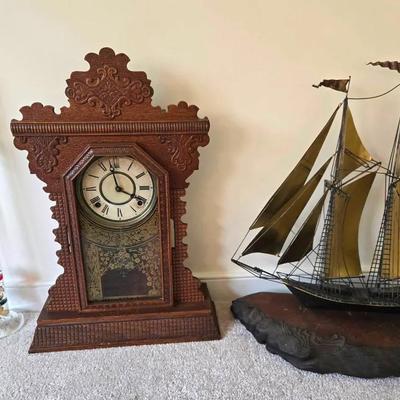 Antique Gingerbread Clock, Metal Ship Art, Galileo Thermometer 