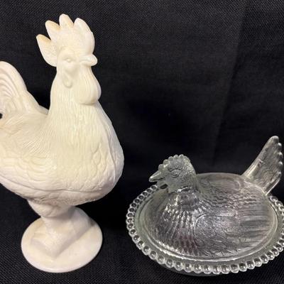 Vintage Milkglass “Standing Rooster”,  Indiana Clear Glass “Hen On Nest “