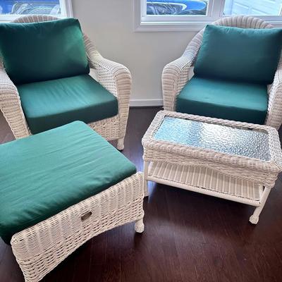 2 Plow & Hearth Wicker Chairs, Ottoman & Coffee Table