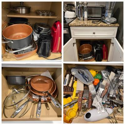 Kitchen Cabinet Lot:  Pots, Small Appliances, Cutlery