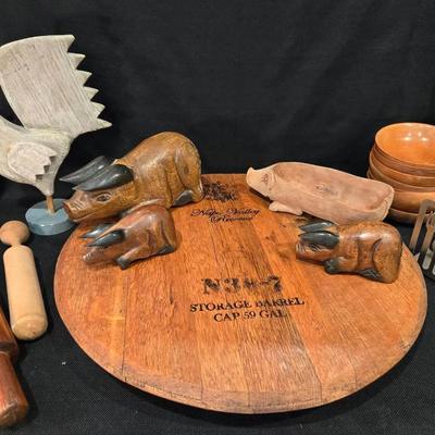 Country Kitchen Lot: Wine Barrel Tray, Carved Pigs, Rolling Pins +