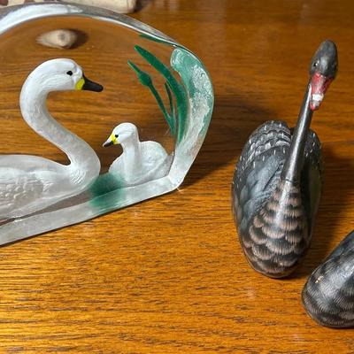 French Lead Crystal Swan Paperweight And 2 Hand Carved Swans