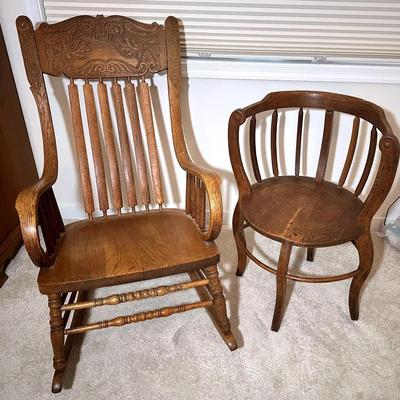 Oak Rocking Chair & Antique Wood Barrel Back Spindle Chair