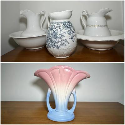 Wash Basin & Pitcher Sets And Art Deco Vase