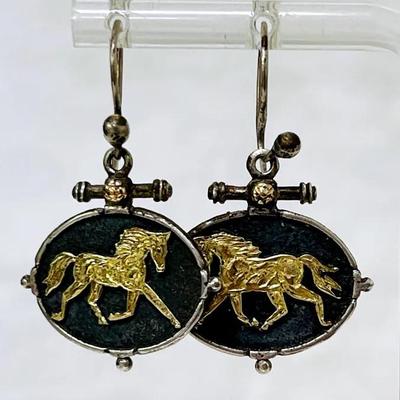 18K and Sterling Signed Horse Earrings