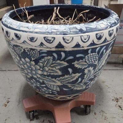 Lot #123 - Blue and White Painted Planter With Handpainted Florals Capped in a Sky Blue Trim of Ornate Scrollwork