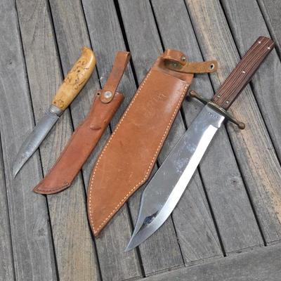 Lot #205 - 1950s KA-BAR J Bowie Fixed Blade Knife & Carved Bone Handle Fixed Blade Knife, Both With Original Leather Sheath