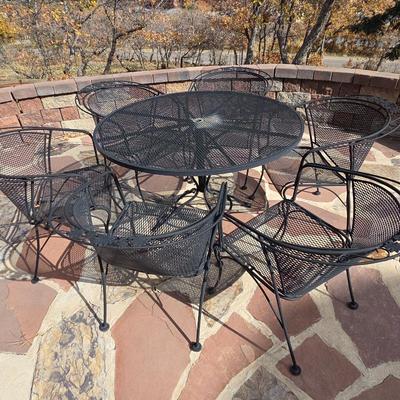 Lot #41 - Vintage Wrought Iron Woodard Table And 6 Barrel Chairs