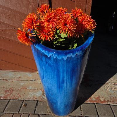 Lot #89 - Tall Tapered Blue Glazed Planter High Low Patio Garden Yard