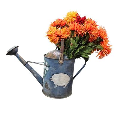 Lot #133 - Fall Themed Faux Floral Arrangement With "Lord Porky of Hemsworth" Hand Painted Metal Watering Can