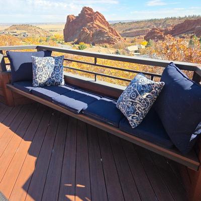 Lot #15 - Lot of Five Bench Cushions, Two Large Pillows & 2 Pottery Barn Sunbrella Outdoor Throw Pillows