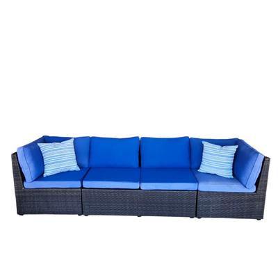 Lot #60 - Resin Wicker Outdoor Sectional Couch With Blue Cushions and 2 Pottery Barn Throw Pillows