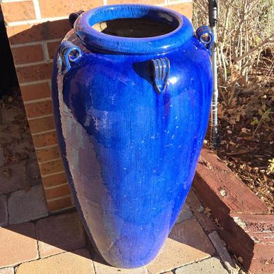 Lot #96 - Blue Glazed Tall 5-Handled Urn Planter Pot Garden Yard Patio