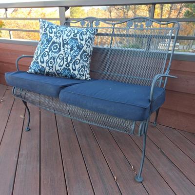 Lot #7 - Woodard Briarwood Iron Outdoor Bench With Cushions and One Pottery Barn Pillow