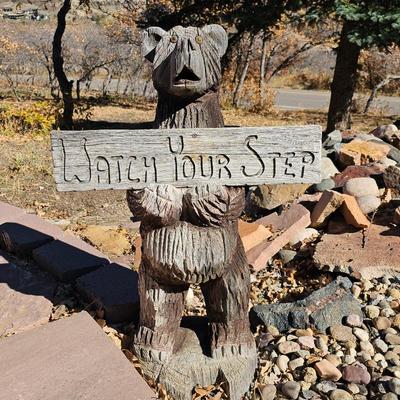 Lot #42 - Chainsaw Carved Wood Bear Sculpture "Watch Your Step" WeatheredLot #43 - Large Blue Fish Flower Pot Succulent...