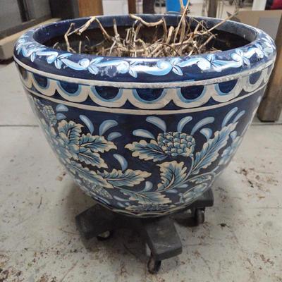 Lot #122 - Blue and White Painted Planter With Handpainted Florals Capped in a Sky Blue Trim of Ornate Scrollwork
