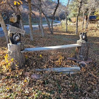 Lot #99 - Two Chainsaw Carved Wood Bear Bench Posts Weathered With 8ft Bench Seat