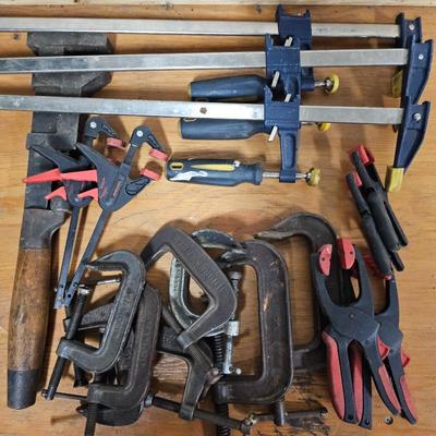 Lot #175 - Metal C Clamps, Ratcheting Hand Clamps, Bar Clamps, & Antique Monkey Wrench