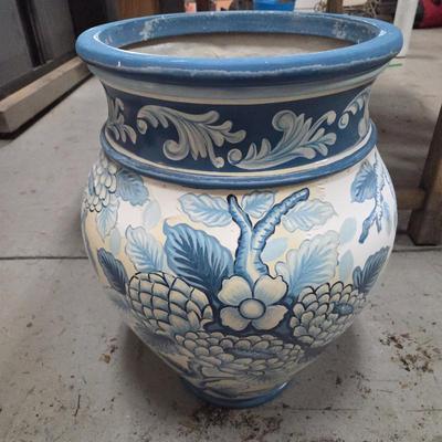 Lot #121 -Blue and White Painted Planter With Handpainted Florals Capped in a Sky Blue Trim of Ornate Scrollwork