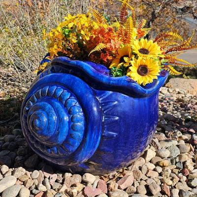 Lot #45 - Cobalt Blue Glazed Conch Shell Planter Pot Yard Garden Patio